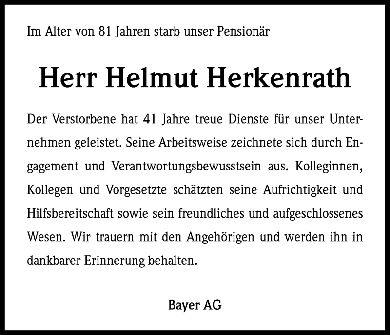  Traueranzeige für Helmut Herkenrath vom 19.02.2015 aus Kölner Stadt-Anzeiger / Kölnische Rundschau / Express