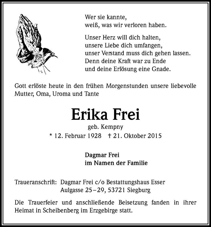  Traueranzeige für Erika Frei vom 31.10.2015 aus Kölner Stadt-Anzeiger / Kölnische Rundschau / Express