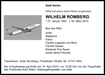 Anzeige von Wilhelm Romberg von  Kölner Wochenspiegel 