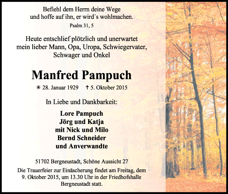  Traueranzeige für Manfred Pampuch vom 07.10.2015 aus Kölner Stadt-Anzeiger / Kölnische Rundschau / Express