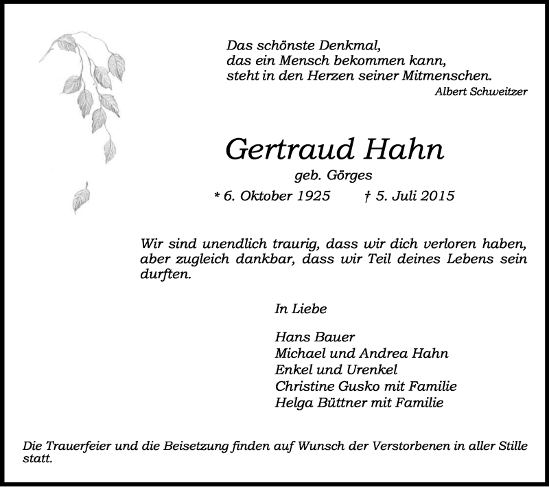  Traueranzeige für Gertraud Hahn vom 09.07.2015 aus Kölner Stadt-Anzeiger / Kölnische Rundschau / Express