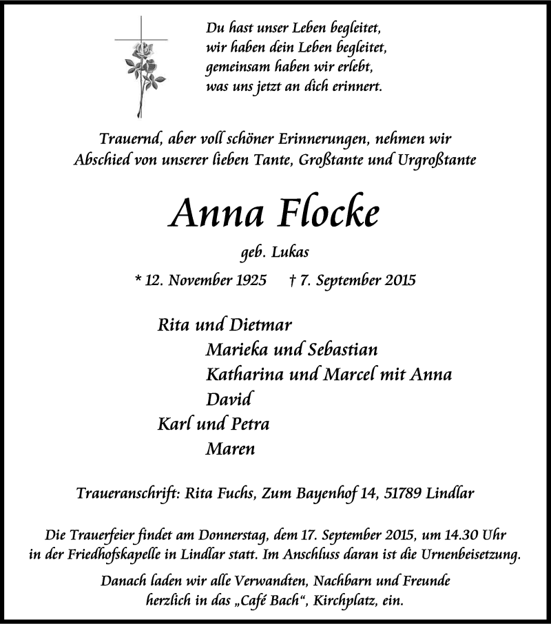  Traueranzeige für Anna Flocke vom 12.09.2015 aus Kölner Stadt-Anzeiger / Kölnische Rundschau / Express