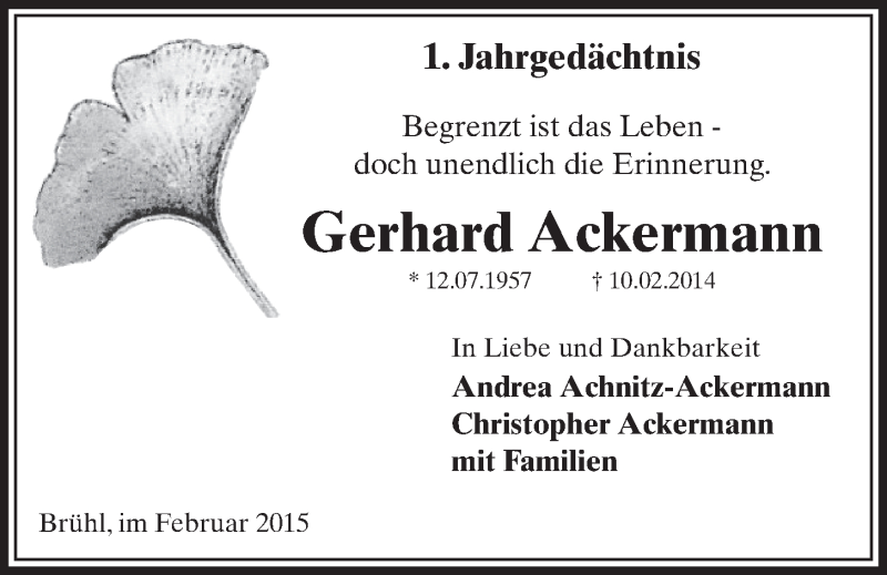  Traueranzeige für Gerhard Ackermann vom 11.02.2015 aus  Schlossbote/Werbekurier 