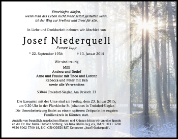 Anzeige von Josef Niederquell von Kölner Stadt-Anzeiger / Kölnische Rundschau / Express