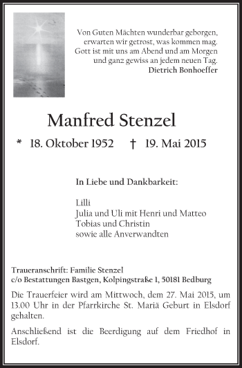 Anzeige von Manfred Stenzel von  Sonntags-Post 