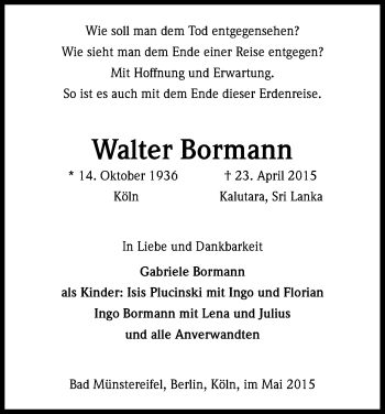 Anzeige von Walter Bormann von Kölner Stadt-Anzeiger / Kölnische Rundschau / Express