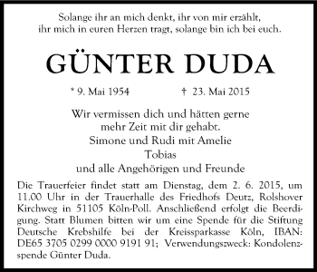 Anzeige von Günter Duda von Kölner Stadt-Anzeiger / Kölnische Rundschau / Express