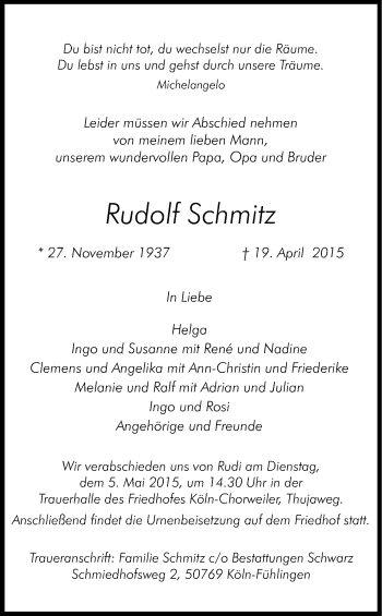 Anzeige von Rudolf Schmitz von Kölner Stadt-Anzeiger / Kölnische Rundschau / Express