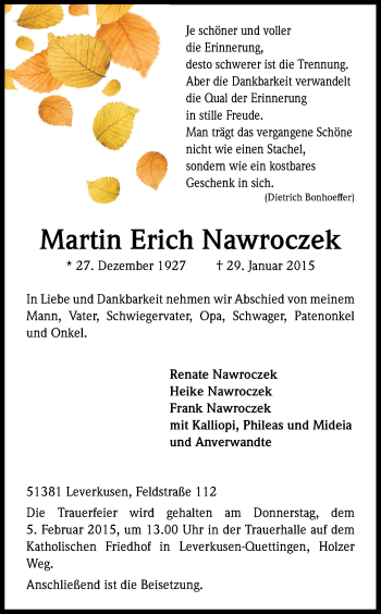 Anzeige von Martin Erich Nawroczek von Kölner Stadt-Anzeiger / Kölnische Rundschau / Express