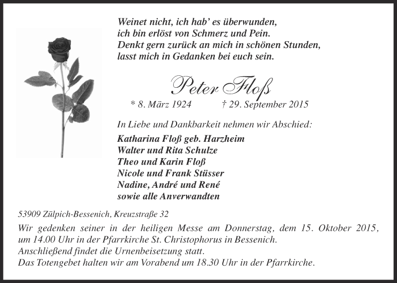  Traueranzeige für Peter Floß vom 04.10.2015 aus  Blickpunkt Euskirchen 