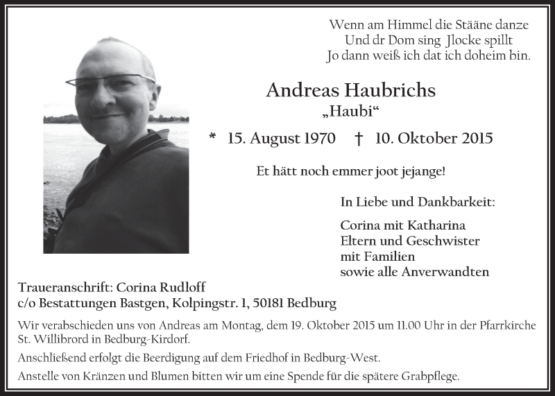  Traueranzeige für Andreas Haubrichs vom 14.10.2015 aus  Werbepost 