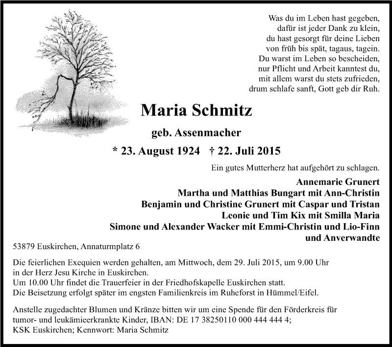  Traueranzeige für Maria Schmitz vom 25.07.2015 aus Kölner Stadt-Anzeiger / Kölnische Rundschau / Express