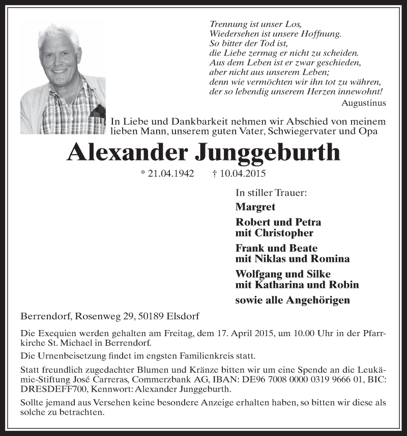  Traueranzeige für Alexander Junggeburth vom 15.04.2015 aus  Werbepost 