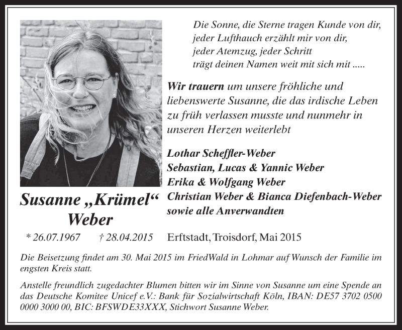  Traueranzeige für Susanne Weber vom 20.05.2015 aus  Werbepost 