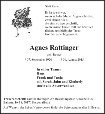 Anzeige von Agnes Rattinger von  Sonntags-Post 