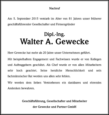Anzeige von Walter Gewecke von Kölner Stadt-Anzeiger / Kölnische Rundschau / Express