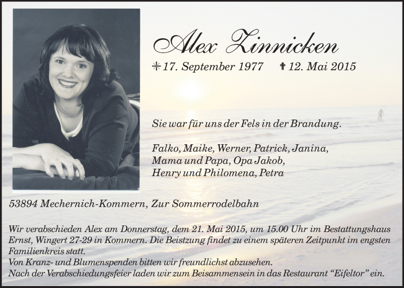  Traueranzeige für Alex Zinnicken vom 17.05.2015 aus  Blickpunkt Euskirchen 