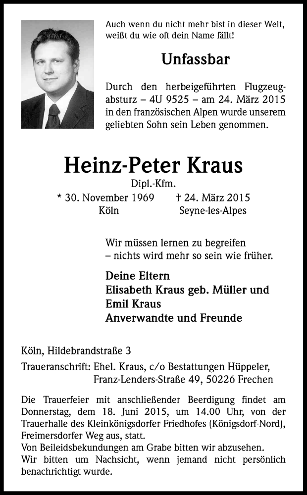  Traueranzeige für Heinz-Peter Kraus vom 13.06.2015 aus Kölner Stadt-Anzeiger / Kölnische Rundschau / Express