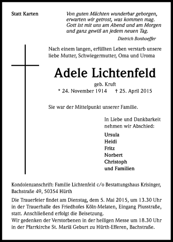 Anzeige von Adele Lichtenfeld von Kölner Stadt-Anzeiger / Kölnische Rundschau / Express