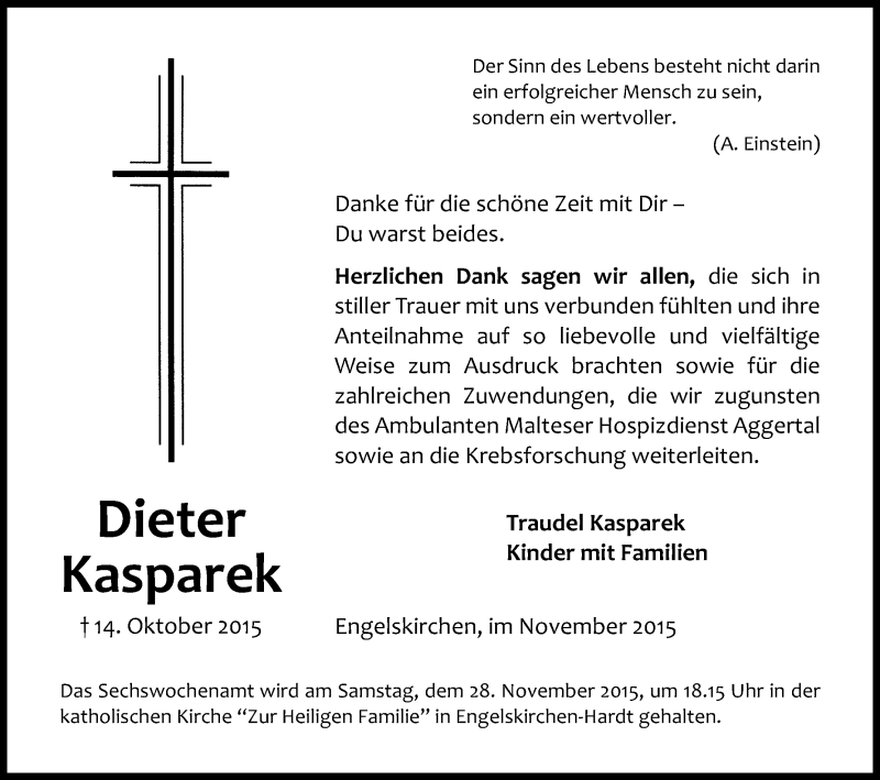  Traueranzeige für Dieter Kasparek vom 21.11.2015 aus Kölner Stadt-Anzeiger / Kölnische Rundschau / Express