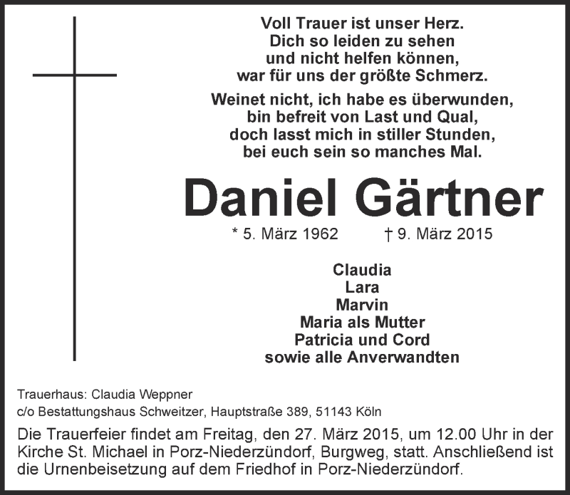  Traueranzeige für Daniel Gärtner vom 25.03.2015 aus  Kölner Wochenspiegel 