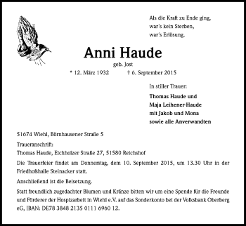 Anzeige von Anni Haude von Kölner Stadt-Anzeiger / Kölnische Rundschau / Express