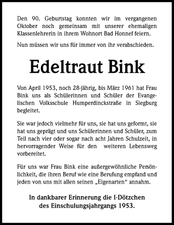 Anzeige von Edeltraut Bink von Kölner Stadt-Anzeiger / Kölnische Rundschau / Express