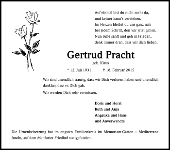 Anzeige von Gertrud Pracht von Kölner Stadt-Anzeiger / Kölnische Rundschau / Express