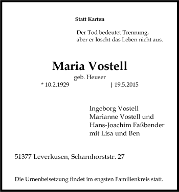 Anzeige von Maria Vostell von Kölner Stadt-Anzeiger / Kölnische Rundschau / Express