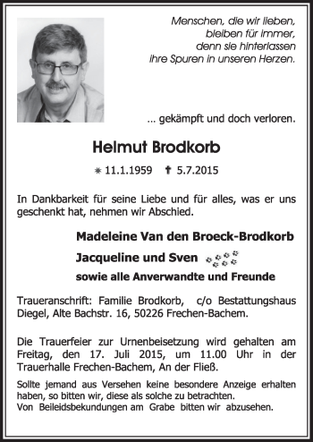 Anzeige von Helmut Brodkorb von  Sonntags-Post 