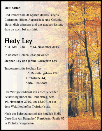 Anzeige von Hedy Ley von Kölner Stadt-Anzeiger / Kölnische Rundschau / Express