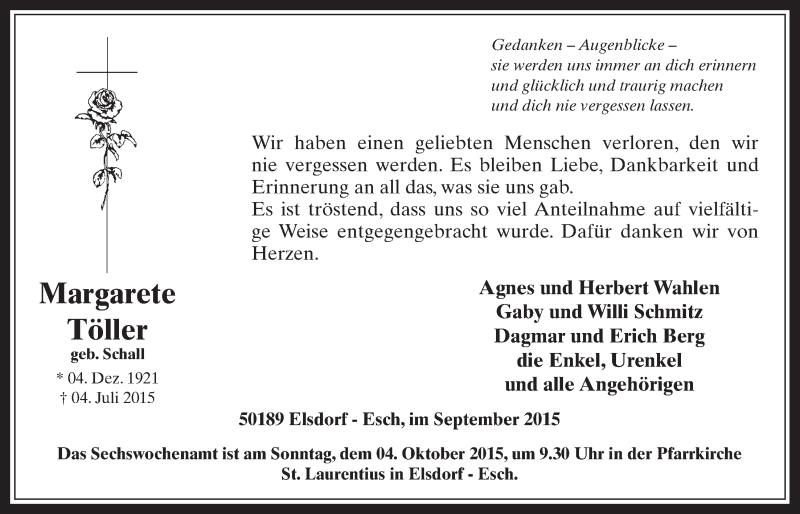  Traueranzeige für Margarete Töller vom 23.09.2015 aus  Werbepost 