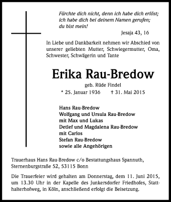 Anzeige von Erika Rau-Bredow von Kölner Stadt-Anzeiger / Kölnische Rundschau / Express