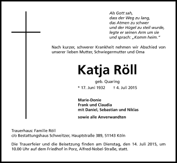 Anzeige von Katja Röll von Kölner Stadt-Anzeiger / Kölnische Rundschau / Express
