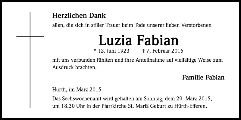  Traueranzeige für Luzia Fabian vom 21.03.2015 aus Kölner Stadt-Anzeiger / Kölnische Rundschau / Express