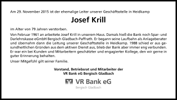 Anzeige von Josef Krill von Kölner Stadt-Anzeiger / Kölnische Rundschau / Express