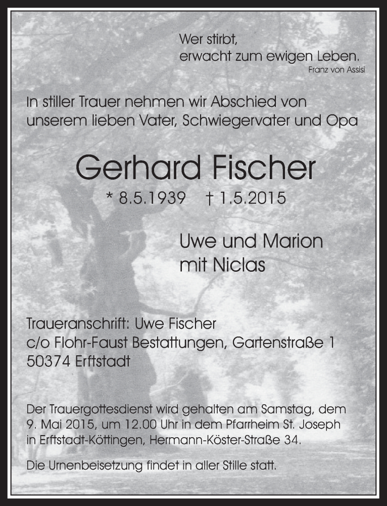  Traueranzeige für Gerhard Fischer vom 06.05.2015 aus  Werbepost 