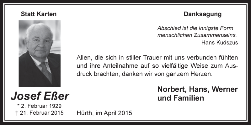  Traueranzeige für Josef Eßer vom 15.04.2015 aus  Wochenende 