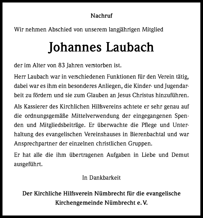  Traueranzeige für Johannes Laubach vom 16.11.2015 aus Köln - Wir Trauern