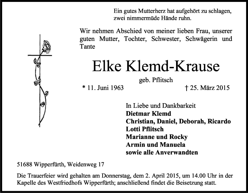  Traueranzeige für Elke Klemd-Krause vom 28.03.2015 aus Kölner Stadt-Anzeiger / Kölnische Rundschau / Express
