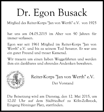Anzeige von Egon Busack von Kölner Stadt-Anzeiger / Kölnische Rundschau / Express