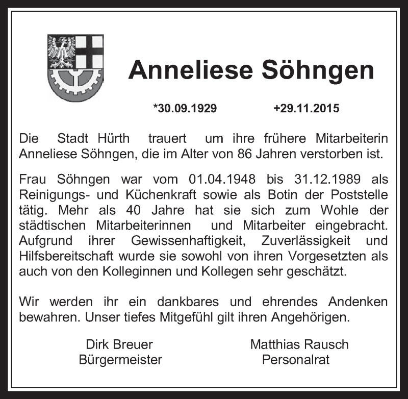 Traueranzeige für Anneliese Söhngen vom 09.12.2015 aus  Wochenende 