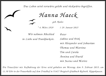 Anzeige von Hanna Haeck von  Bergisches Handelsblatt 