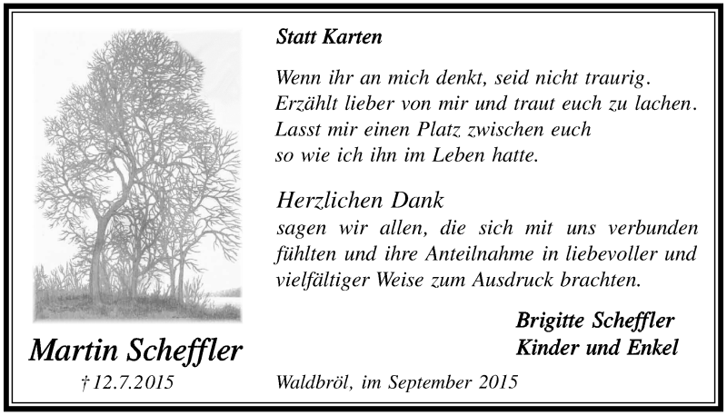  Traueranzeige für Martin Scheffler vom 09.09.2015 aus  Lokalanzeiger 