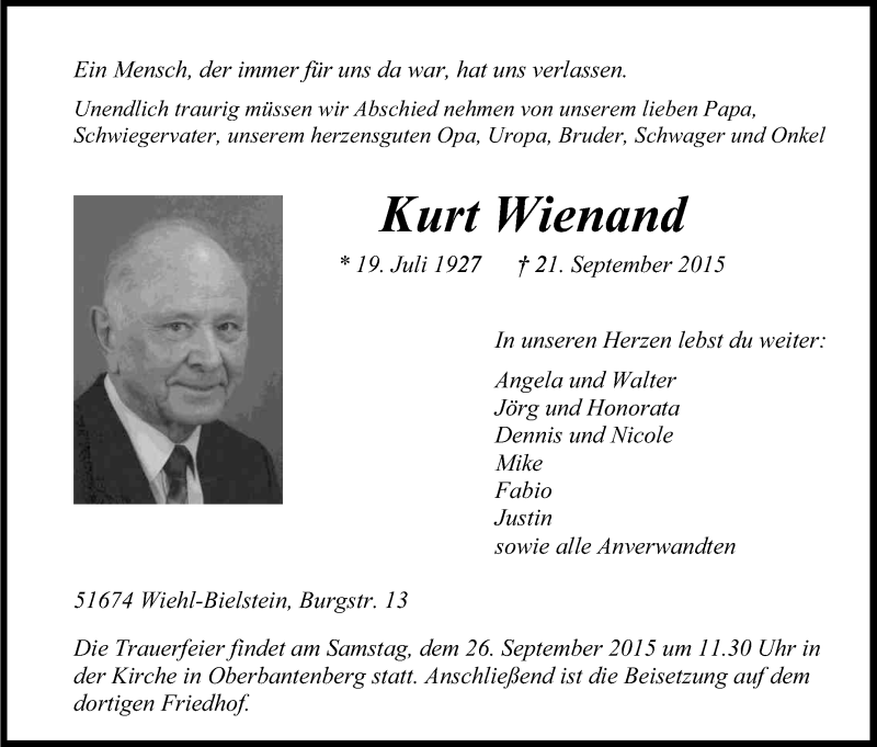  Traueranzeige für Kurt Wienand vom 24.09.2015 aus Kölner Stadt-Anzeiger / Kölnische Rundschau / Express