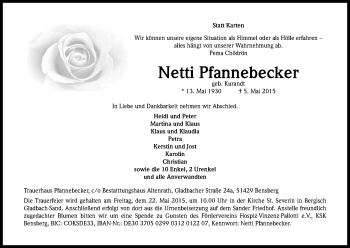 Anzeige von Netti Pfannebecker von Kölner Stadt-Anzeiger / Kölnische Rundschau / Express