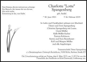 Anzeige von Charlotte Spangenberg von Kölner Stadt-Anzeiger / Kölnische Rundschau / Express