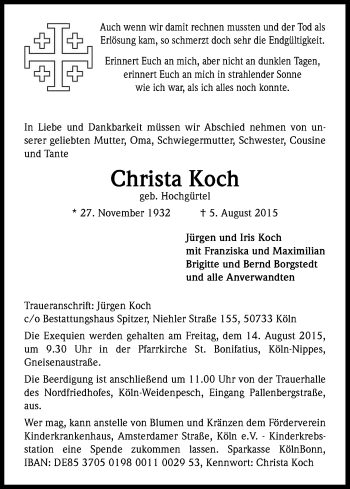 Anzeige von Christa Koch von Kölner Stadt-Anzeiger / Kölnische Rundschau / Express