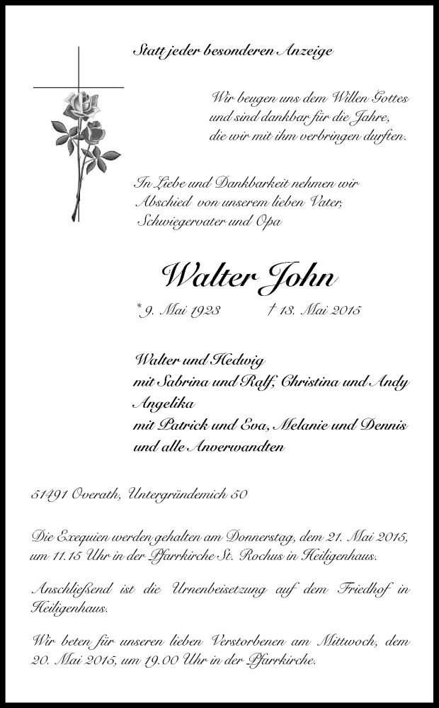  Traueranzeige für Walter John vom 16.05.2015 aus Kölner Stadt-Anzeiger / Kölnische Rundschau / Express