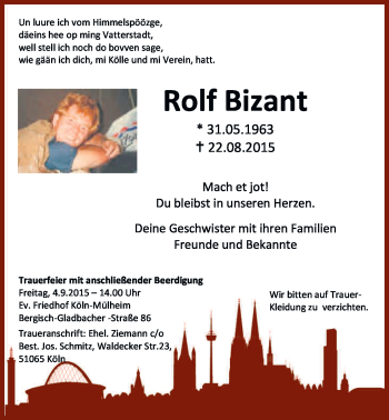 Anzeige von Rolf Bizant von Kölner Stadt-Anzeiger / Kölnische Rundschau / Express